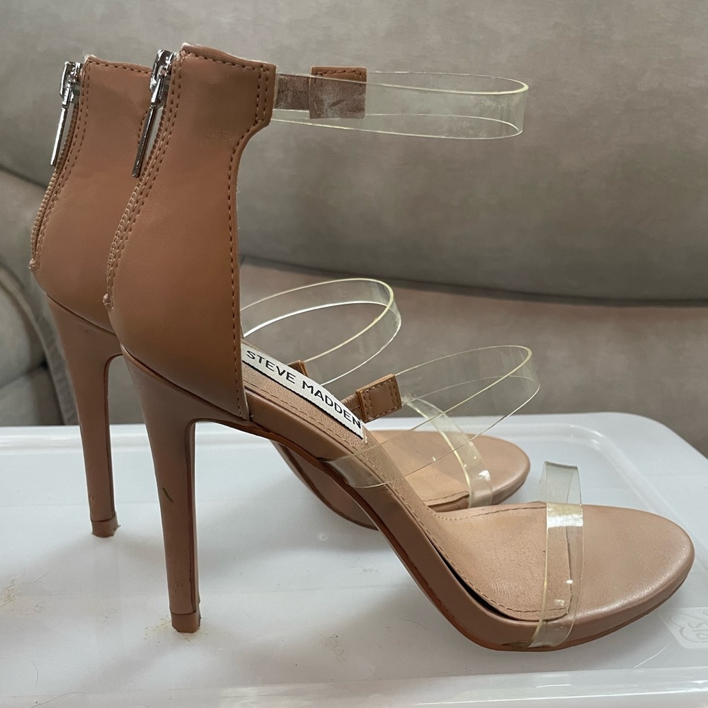 Steve Madden Tan/Clear Strappy Open Toe Heels Size 6 1/2